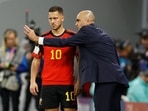 Belgium coach Roberto Martinez gives instructions to Eden Hazard before he comes on as a substitute (REUTERS)