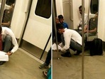Man cleans Delhi metro floor. Man cleans Delhi metro floor.
