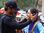 Sara Ali Khan and Sushant Singh Rajput on the sets of Kedarnath. 