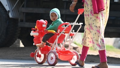 BABY’S DAY OUT: A toddler bundled up in woollens for a stroll outside in Mohali on Wednesday. The day temperature dipped from 24.8°C on Tuesday to 23.8°C on Wednesday. (Sanjeev Sharma/HT)