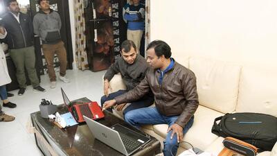 Special Vigilance Unit team at the residence of suspended IPS officer Aditya Kumar, in Patna on Wednesday. (Santosh Kumar/HT)