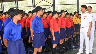 Navy’s chief of personnel Vice Admiral Dinesh Tripathi interacting with women Agniveers at INS Chilka (Photo: Indian Navy) Navy’s chief of personnel Vice Admiral Dinesh Tripathi interacting with women Agniveers at INS Chilka (Photo: Indian Navy)