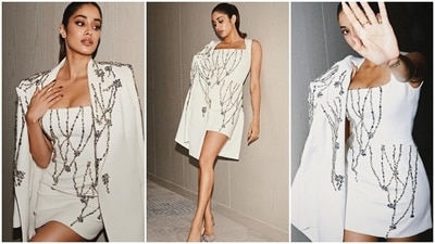 Janhvi Kapoor is walking into Christmas season dressed like an angel in white mini dress. (Instagram) Janhvi Kapoor is walking into Christmas season dressed like an angel in white mini dress. (Instagram)