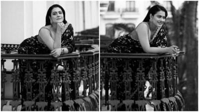 Kajol in floral saree for Salaam Venky promotions looks gorgeous in these black-and-white pictures. (Instagram) Kajol in floral saree for Salaam Venky promotions looks gorgeous in these black-and-white pictures. (Instagram)