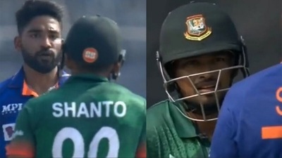 Mohammed Siraj and Najmul Hasan Shanto had a brief exchange (Screengrab) Mohammed Siraj and Najmul Hasan Shanto had a brief exchange (Screengrab)