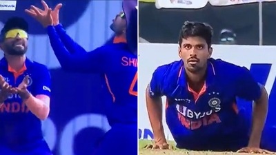 Washington Sundar was really worried there for a moment (Screengrab) Washington Sundar was really worried there for a moment (Screengrab)
