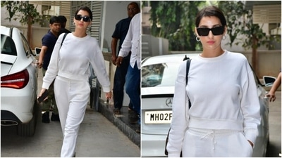 Nora Fatehi’s white ensemble is the perfect mix of casual and winter fashion (HT Photos/Varinder Chawla) Nora Fatehi’s white ensemble is the perfect mix of casual and winter fashion (HT Photos/Varinder Chawla)