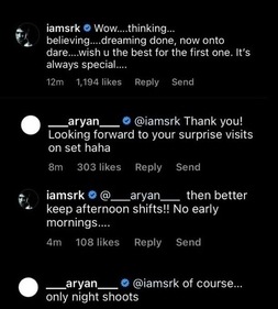 Shah Rukh Khan and Aryan Khan's conversation in the comments section. Shah Rukh Khan and Aryan Khan's conversation in the comments section.