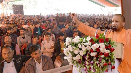 Uttar Pradesh chief minister Yogi Adityanath at a public meeting in Shahjahanpur on Wednesday. (SOURCED IMAGE)
