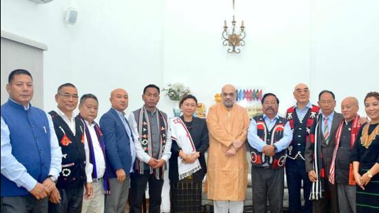 Union home minister Amit Shah (centre) with ENPO delegation that was accompanied by Rajya Sabha member from Nagaland S Phangnon Konyak. (Twitter/SPhangnon)