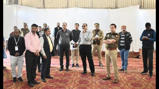 District officials reviewing preparations at the counting venue in Mainpuri on Wednesday. (HT photo)