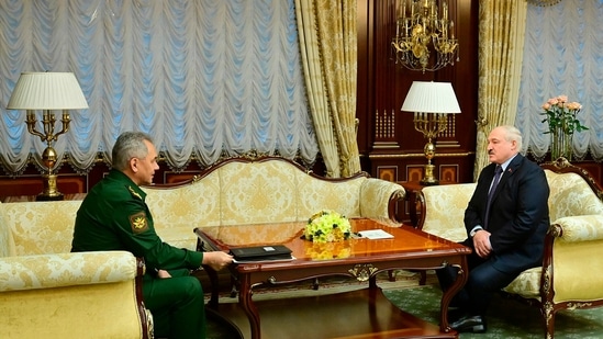 Russia-Ukraine War: Belarusian President Alexander Lukashenko and Russian Defense Minister Sergei Shoigu during their talks.(AP) Russia-Ukraine War: Belarusian President Alexander Lukashenko and Russian Defense Minister Sergei Shoigu during their talks.(AP)