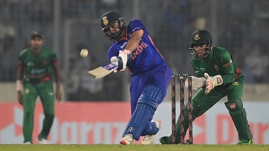 Rohit Sharma plays a shot during the second ODI between Bangladesh and India at the Sher-e-Bangla Stadium in Dhaka Rohit Sharma plays a shot during the second ODI between Bangladesh and India at the Sher-e-Bangla Stadium in Dhaka