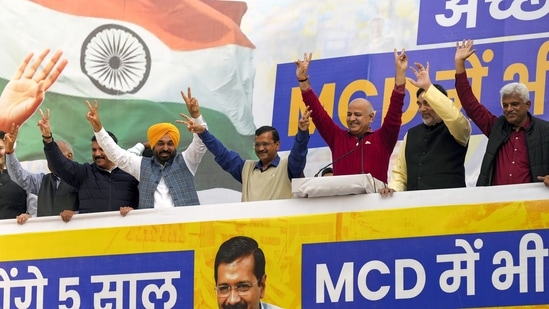 Delhi Chief Minister Arvind Kejriwal celebrating MCD win in Delhi. (PTI)