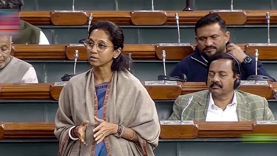 NCP MP Supriya Sule speaks in the Lok Sabha on the first day of the Winter Session of Parliament, in New Delhi, Wednesday.(PTI)