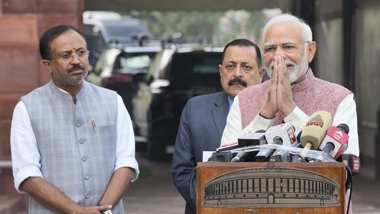 Prime Minister Narendra Modi at Parliament complex on the first day of the Winter Session. (PTI)