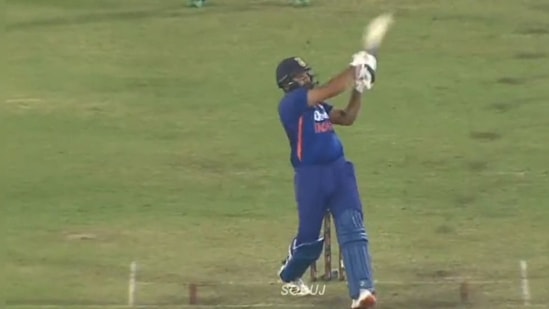 Rohit Sharma hits a six vs Bangladesh.(Twitter)