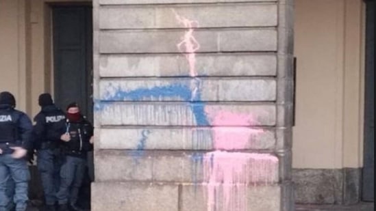 Climate-change activists in Italy threw paint at the entrance of Milan's famed La Scala opera house. Climate-change activists in Italy threw paint at the entrance of Milan's famed La Scala opera house.