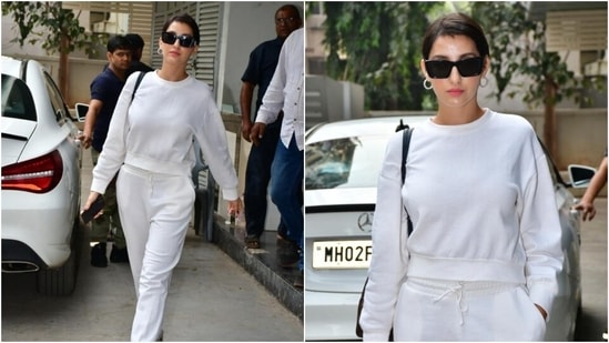 Nora Fatehi’s white ensemble is the perfect mix of casual and winter fashion(HT Photos/Varinder Chawla)