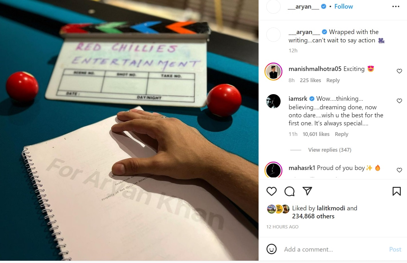 Aryan Khan shared a picture of a script on Instagram.