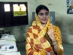 Rajkot, Dec 01 (ANI): Bharatiya Janata Party (BJP) candidate from Jamnagar North Rivaba Jadeja shows her ink-marked finger after casting her vote for the first phase of Gujarat Assembly elections, in Rajkot on Thursday. (ANO Photo)(ANI) Rajkot, Dec 01 (ANI): Bharatiya Janata Party (BJP) candidate from Jamnagar North Rivaba Jadeja shows her ink-marked finger after casting her vote for the first phase of Gujarat Assembly elections, in Rajkot on Thursday. (ANO Photo)(ANI)