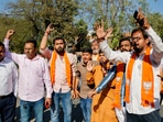BJP workers celebrate Gujarat Assembly election results in Ahmedabad, Thursday.(PTI) BJP workers celebrate Gujarat Assembly election results in Ahmedabad, Thursday.(PTI)