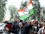 Congress supporters celebrating victory in Kullu. Himachal Pradesh, India on Thursday, December 8, 2022. (Photo by Aqil Khan/Hindustan Times) 
