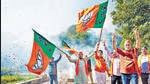 BJP supporters celebrate the party's victory in the Gujarat Assembly elections, at party headquarters, in Gandhinagar on Thursday. (ANI) BJP supporters celebrate the party's victory in the Gujarat Assembly elections, at party headquarters, in Gandhinagar on Thursday. (ANI)