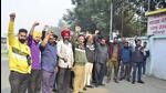 Members of Punjab Roadways and the Pepsu Road Transport Corporation Contractual Workers’ Union carrying out rally at PRTC’s city depot in Ludhiana. (HT PHOTO) Members of Punjab Roadways and the Pepsu Road Transport Corporation Contractual Workers’ Union carrying out rally at PRTC’s city depot in Ludhiana. (HT PHOTO)