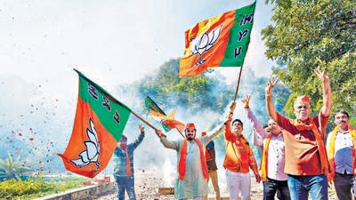 BJP supporters celebrate the party's victory in the Gujarat Assembly elections, at party headquarters, in Gandhinagar on Thursday. (ANI) BJP supporters celebrate the party's victory in the Gujarat Assembly elections, at party headquarters, in Gandhinagar on Thursday. (ANI)