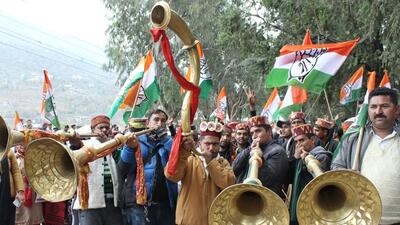 Kullu Himachal Pradesh, India 08 Dec:- Congress supporters celebrating victory in Kullu.Himachal Pradesh, India on Thursday Dec 08 2022. ( Photo By Aqil Khan /Hindustan Times ) Kullu Himachal Pradesh, India 08 Dec:- Congress supporters celebrating victory in Kullu.Himachal Pradesh, India on Thursday Dec 08 2022. ( Photo By Aqil Khan /Hindustan Times )