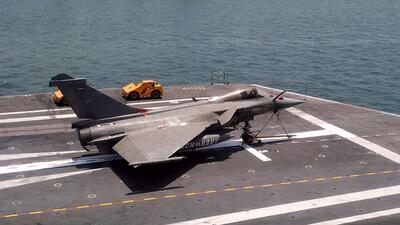 A Rafale M aircraft on the flight deck of The Charles de Gaulle,the nuclear powered aircraft carrier berthed at Mormugao Port Trust in Goa in May. (ANI) A Rafale M aircraft on the flight deck of The Charles de Gaulle,the nuclear powered aircraft carrier berthed at Mormugao Port Trust in Goa in May. (ANI)