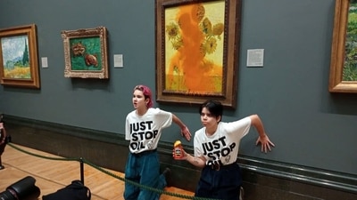 Activists of "Just Stop Oil" glue their hands to the wall after throwing soup at Vincent Van Gogh's painting "Sunflowers" at the National Gallery in London, Britain on October 14. The two women. 20 and 21, were arrested and charged with criminal damage for throwing soup at the painting but were later released on bail. (Just Stop Oil / REUTERS) Activists of "Just Stop Oil" glue their hands to the wall after throwing soup at Vincent Van Gogh's painting "Sunflowers" at the National Gallery in London, Britain on October 14. The two women. 20 and 21, were arrested and charged with criminal damage for throwing soup at the painting but were later released on bail. (Just Stop Oil / REUTERS)