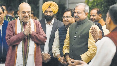 Union home minister and senior BJP leader Amit Shah at the BJP headquarters in Delhi on Thursday. (PTI) Union home minister and senior BJP leader Amit Shah at the BJP headquarters in Delhi on Thursday. (PTI)