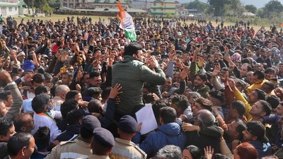 Congress candidate RS Bali being greeted by supporters, celebrating his victory in the Himachal Pradesh Assembly polls, in Nagrota Bagwan. (PTI) Congress candidate RS Bali being greeted by supporters, celebrating his victory in the Himachal Pradesh Assembly polls, in Nagrota Bagwan. (PTI)