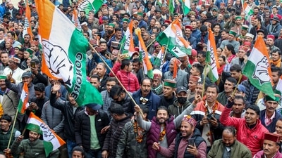 Congress workers celebrates the party's victory in Himachal Pradesh Assembly elections in Kullu. (PTI) Congress workers celebrates the party's victory in Himachal Pradesh Assembly elections in Kullu. (PTI)