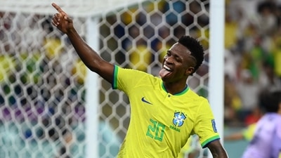 Brazil's Vinicius Junior celebrates after teammate Lucas Paqueta scores their fourth goal (REUTERS)