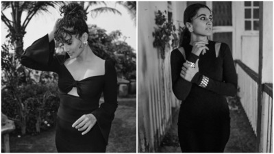 Taapsee Pannu is currently busy promoting her upcoming film Blurr. The actor's stylist has been dropping pictures of her voguish looks on Instagram, and the theme for all the shoots has been monochrome. Two of Taapsee's most recent black-and-white photoshoots show her dressed in two gorgeous black bodycon ensembles, looking like a true vintage goddess. Check out all the images below. (Instagram) Taapsee Pannu is currently busy promoting her upcoming film Blurr. The actor's stylist has been dropping pictures of her voguish looks on Instagram, and the theme for all the shoots has been monochrome. Two of Taapsee's most recent black-and-white photoshoots show her dressed in two gorgeous black bodycon ensembles, looking like a true vintage goddess. Check out all the images below. (Instagram)