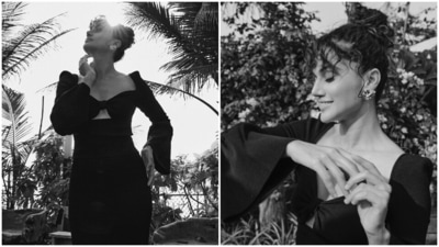 For the second look, Taapsee chose a long maxi-length dress featuring a ribbed design, puffed shoulders, a sweetheart neckline flaunting her décolletage, a cut-out under the bust, full-length wide bell sleeves, and a figure-hugging fit. (Instagram) For the second look, Taapsee chose a long maxi-length dress featuring a ribbed design, puffed shoulders, a sweetheart neckline flaunting her décolletage, a cut-out under the bust, full-length wide bell sleeves, and a figure-hugging fit. (Instagram)