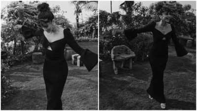Taapsee teamed the gown with minimal accessories to allow the outfit to be the star of her look. She wore just a pair of strappy black high heels and flower-shaped gold earrings. (Instagram) Taapsee teamed the gown with minimal accessories to allow the outfit to be the star of her look. She wore just a pair of strappy black high heels and flower-shaped gold earrings. (Instagram)