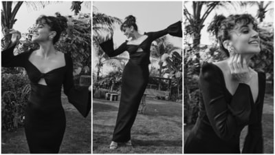 For the makeup picks, Taapsee chose winged eyeliner, mascara on the lashes, glossy lip shade, and glowing skin. Lastly, she tied her curly mane into a messy top bun to give the final touch to the glam. (Instagram) For the makeup picks, Taapsee chose winged eyeliner, mascara on the lashes, glossy lip shade, and glowing skin. Lastly, she tied her curly mane into a messy top bun to give the final touch to the glam. (Instagram)