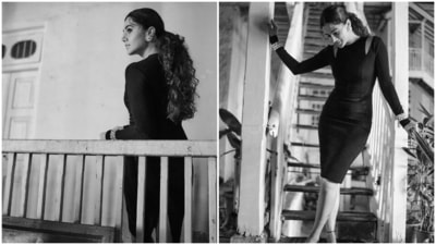 In the end, Taapsee tied her long curly tresses in a sleek centre-parted ponytail to round off her hairdo with the ensemble, and for the glam picks, she chose kohl-lined eyes, smoky eye shadow, nude lip shade, and mascara on the lashes. (Instagram) In the end, Taapsee tied her long curly tresses in a sleek centre-parted ponytail to round off her hairdo with the ensemble, and for the glam picks, she chose kohl-lined eyes, smoky eye shadow, nude lip shade, and mascara on the lashes. (Instagram)