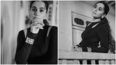 Taapsee accessorised the outfit with gold-toned jewellery, including chunky bracelets and floral-shaped earrings. Lastly, she opted for pointed stilettos featuring killer high heels to give the ensemble a finishing touch. (Instagram) Taapsee accessorised the outfit with gold-toned jewellery, including chunky bracelets and floral-shaped earrings. Lastly, she opted for pointed stilettos featuring killer high heels to give the ensemble a finishing touch. (Instagram)