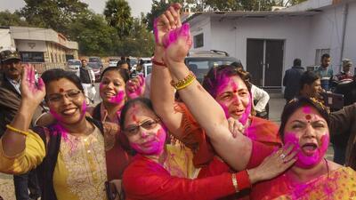 BJP supporters celebrate after party's victory in Kurhani assembly constituency, in Patna. (PTI)