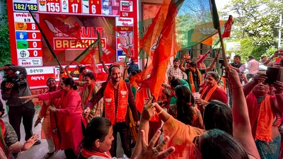 BJP workers and supporters rejoicing over election result as party eyes a seventh consecutive term in the state. (PTI) BJP workers and supporters rejoicing over election result as party eyes a seventh consecutive term in the state. (PTI)