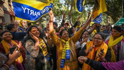 AAP supporters celebrate in Delhi after winning the MCD polls on Wednesday. (Sanchit Khanna/HT Photo) AAP supporters celebrate in Delhi after winning the MCD polls on Wednesday. (Sanchit Khanna/HT Photo)
