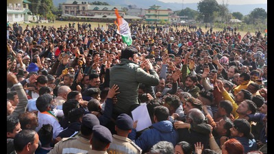 Congress candidate RS Bali being greeted by supporters after his victory in the Himachal Pradesh Assembly polls in Nagrota Bagwan in Kangra district on Thursday. (PTI) Congress candidate RS Bali being greeted by supporters after his victory in the Himachal Pradesh Assembly polls in Nagrota Bagwan in Kangra district on Thursday. (PTI)
