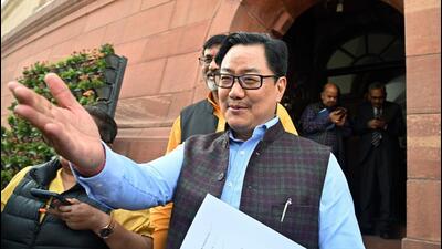 Union Minister Kiren Rijiju arrives to attend the winter session of Parliament in New Delhi on Thursday. (ANI) Union Minister Kiren Rijiju arrives to attend the winter session of Parliament in New Delhi on Thursday. (ANI)