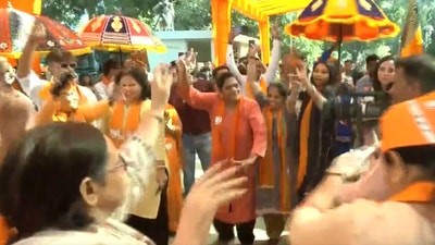 Gujarat election 2022: Screengrab of the video shows BJP workers dancing with joy as they celebrate party's dominance in vote counting. (ANI)