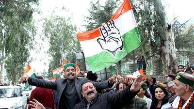 Congress supporters celebrating victory in Kullu. Himachal Pradesh, India on Thursday, December 8, 2022. (Photo by Aqil Khan/Hindustan Times)